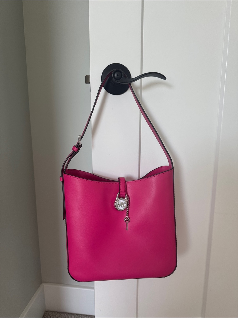 Michael Kors Fuchsia Leather Shoulder Bag with Silver Charm